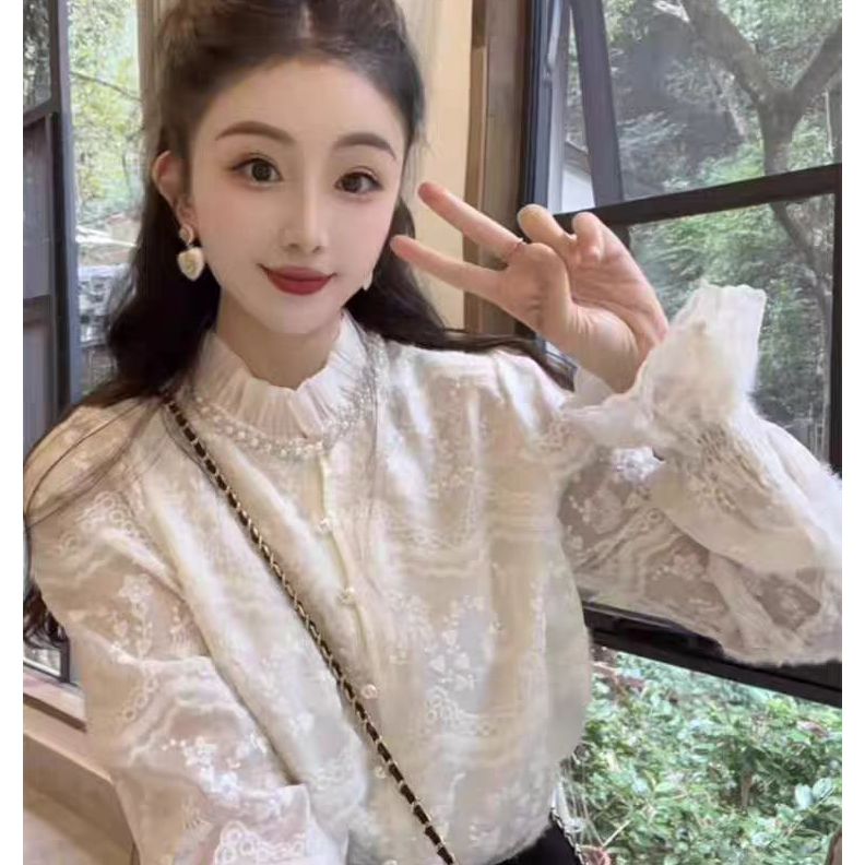 【千金】新中式国风名媛气质重工钩花镂空蕾丝衫衬衫打底衫别致上衣