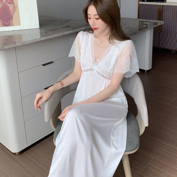 查理夫人【茉莉】气质睡裙家居服蕾丝显瘦白色时尚秋季