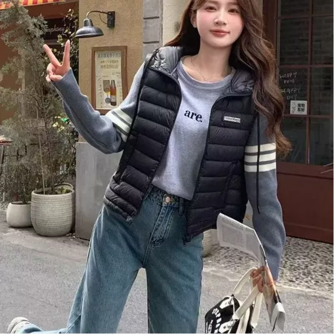  78052毛线袖轻薄羽绒服黑色（S衣长60左右）