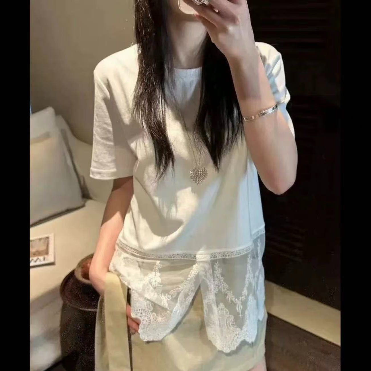 【汐月女神~蕾丝拼接】南油定制韩系新款宽松型减龄短袖T恤女