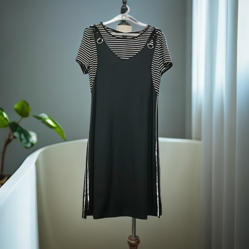 夏季圆领条纹拼接假两件黑色连衣裙F912