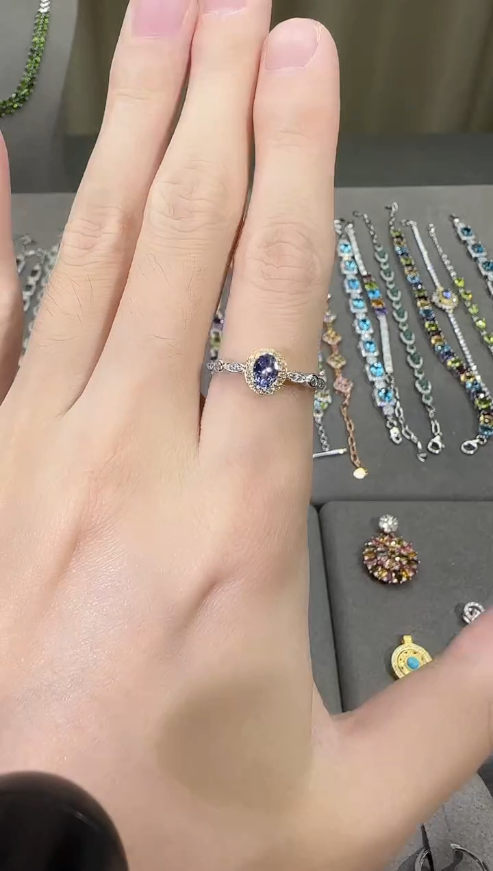 银S925镶嵌戒指坦桑石4*6mm戒指简约款