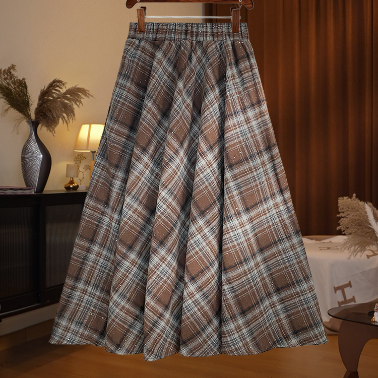 秋冬小个子复古中长款a字毛呢伞裙长裙格子半裙女D8029