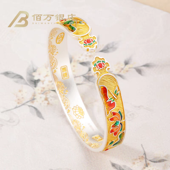 足银手镯 【佰万银庄】足银描金荷塘月色如意开口手镯手工气质古风