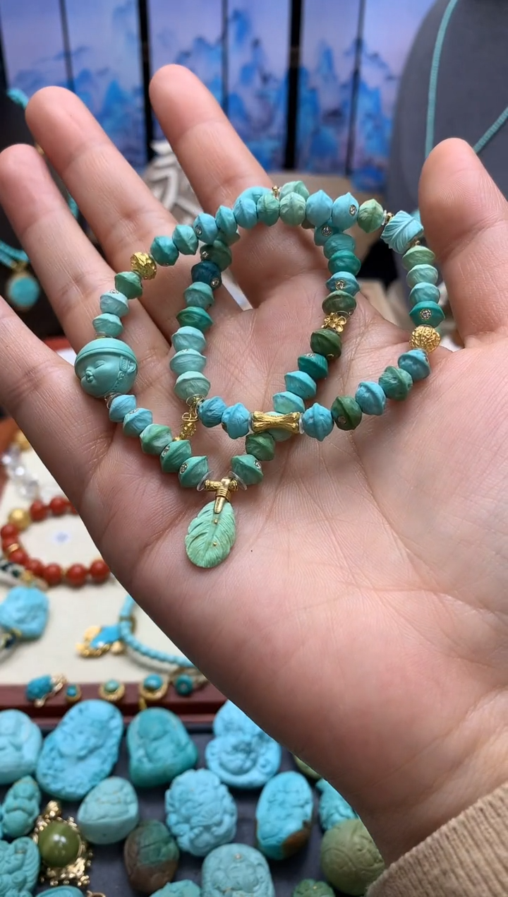 【闪购商品】绿松石手链18K金镶嵌百香籽双圈