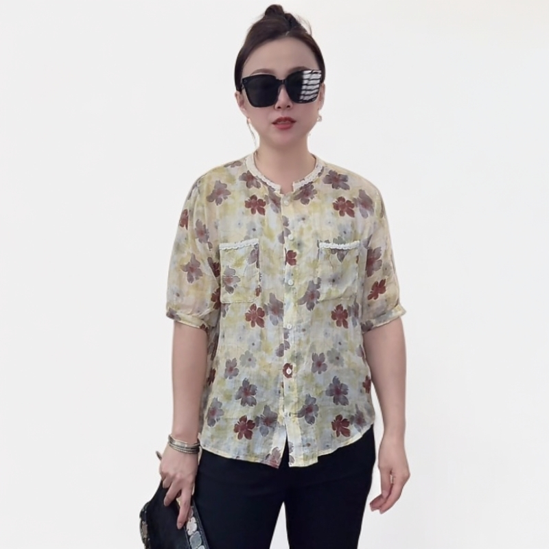 夏季碎花圆领雪纺衬衫女士洋气甜美减龄遮肚子上衣