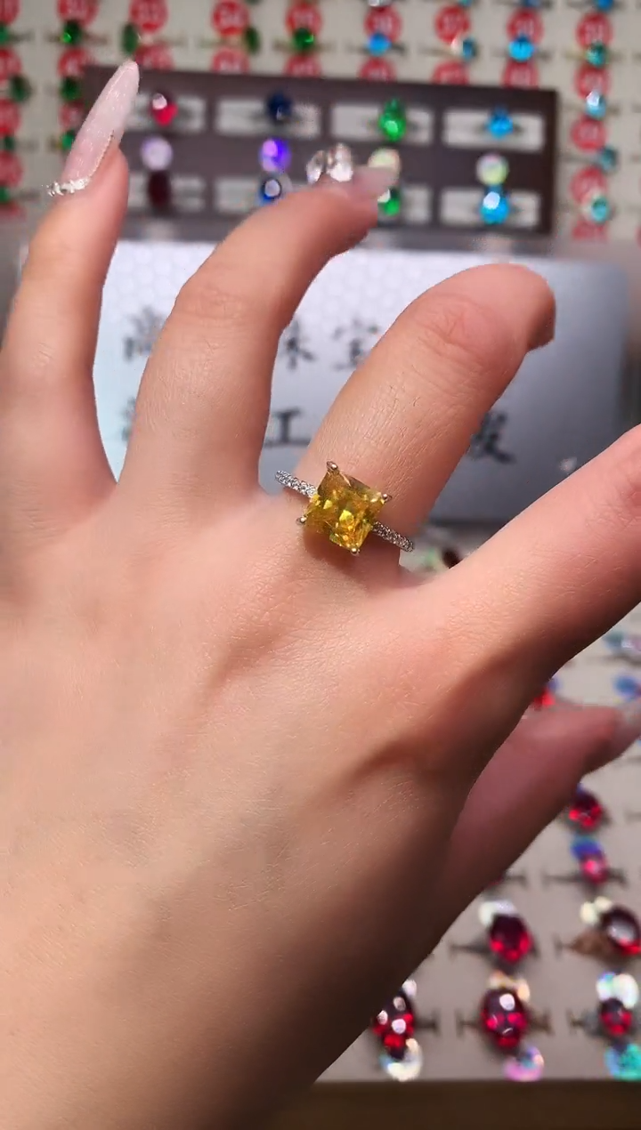 银S925镶嵌戒指黄色碧玺方8*8 银托