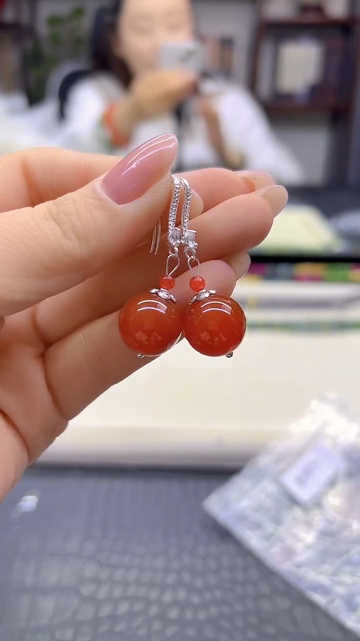 银S925镶嵌南红玛瑙耳饰DIY款E971