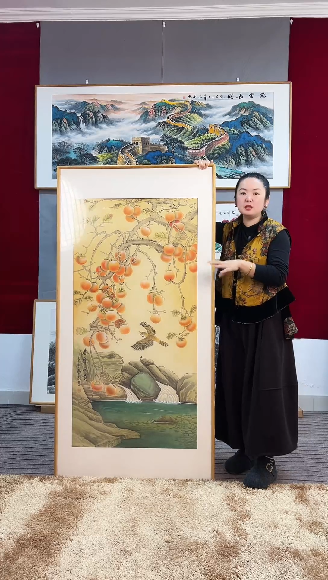 国画手绘柿子162*82尺寸