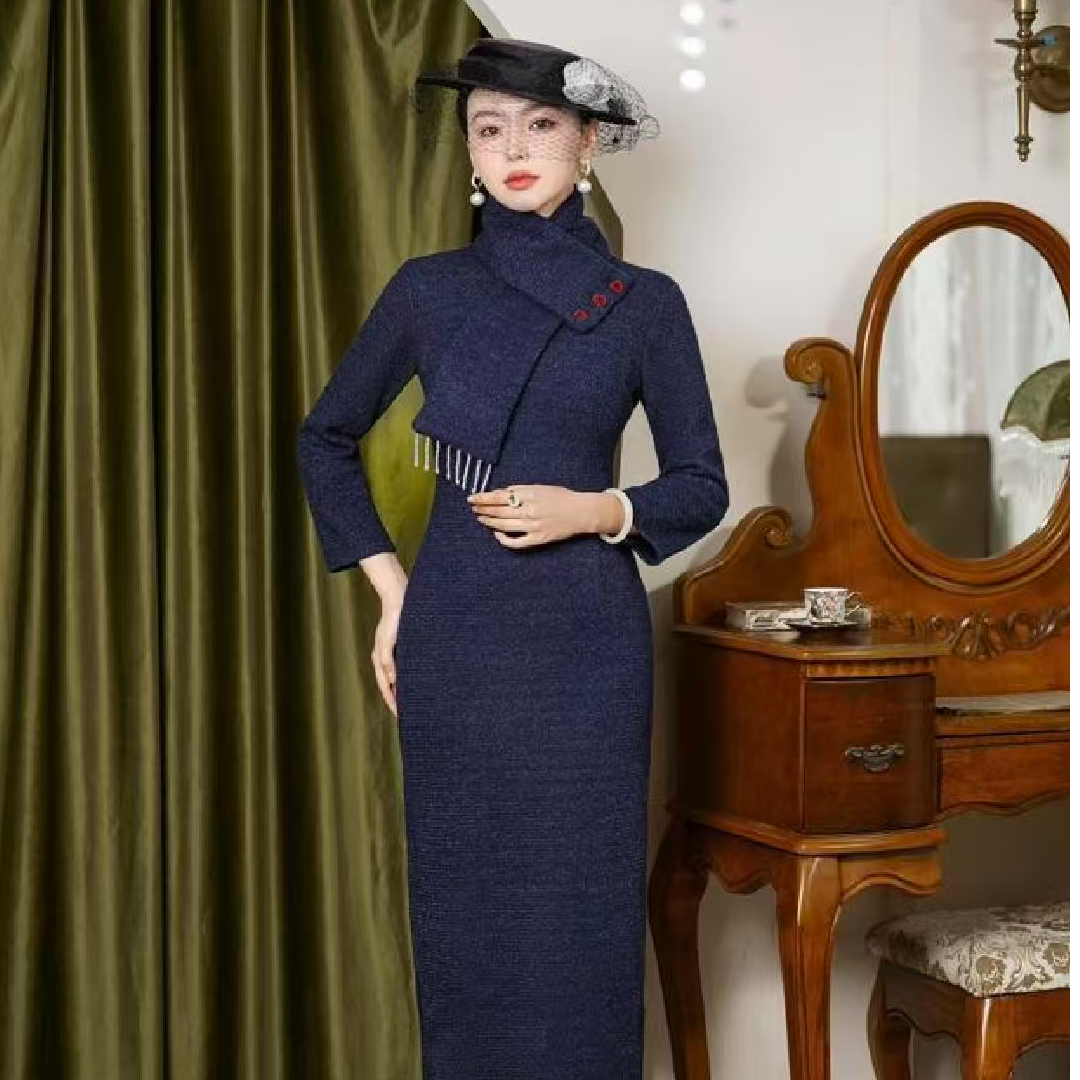 旷美旗韵休闲风无开衩日常长袖七分袖旗袍蓝色半高领中式网红