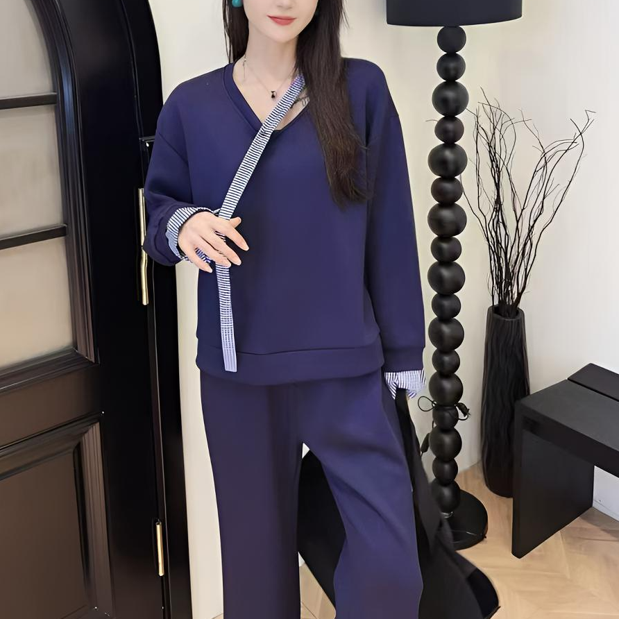 休闲简约条纹拼接卫衣套装气质洋气时尚百搭宽松长袖秋季阔腿