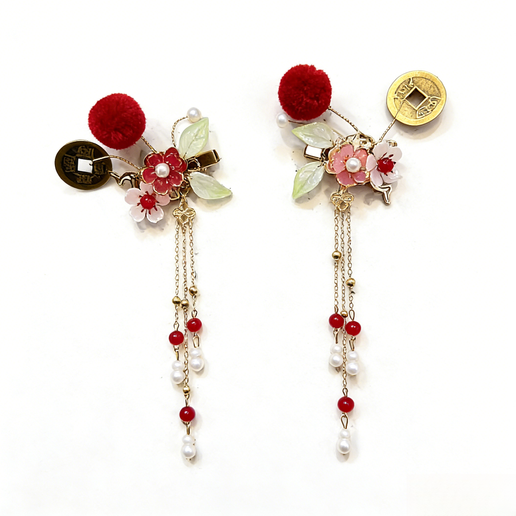 【招财进宝】国风红色毛球流苏发夹女新中式古风发饰喜庆戏曲A338