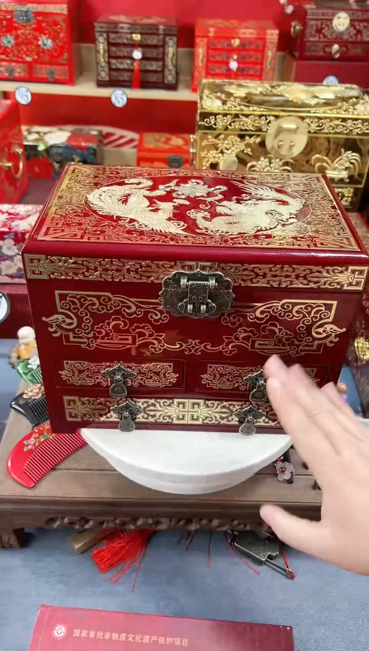 【闪购商品】28厘米新款四层三抽掐丝螺钿酒红龙凤呈祥