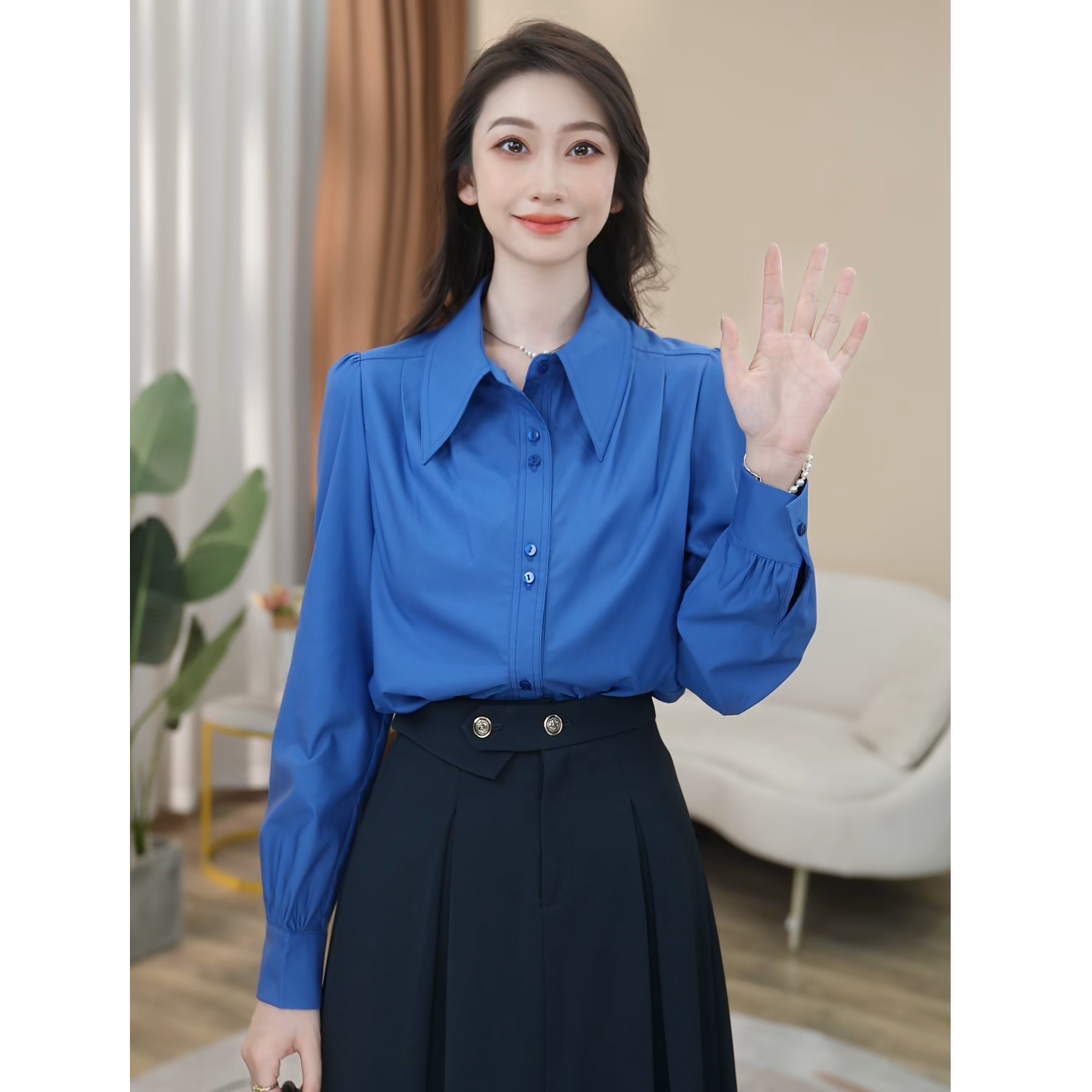 【曼贝】定制新款长袖衬衫女职业设计感气质百搭显瘦8593237A【甜甜】
