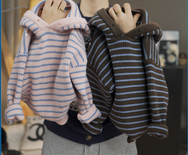 儿童毛衣2025秋冬新款韩版宽松条纹宝宝针织衫儿童童连帽卫衣