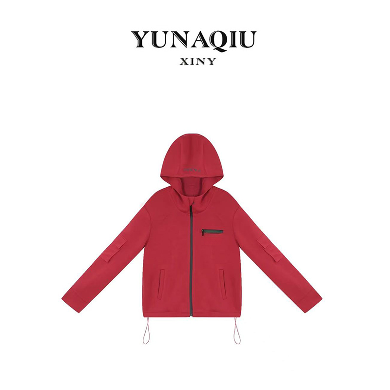 YUNAQIU-太空棉连帽拉链卫衣设计感宽松休闲拼色百搭外套#7847