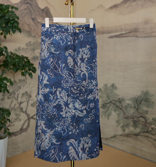 夏款时尚优雅气质中式青花瓷流苏设计百搭显瘦高腰直筒裙