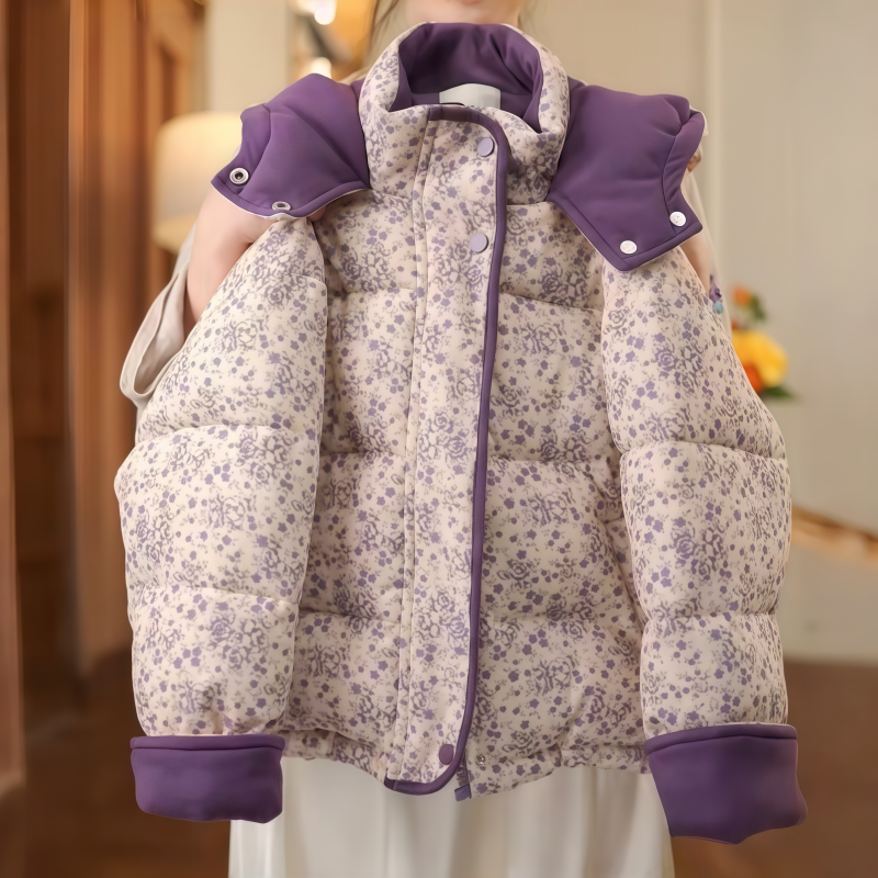 女童加厚碎花棉服2025新款冬季连帽棉衣外套女孩洋气冬装保暖棉袄