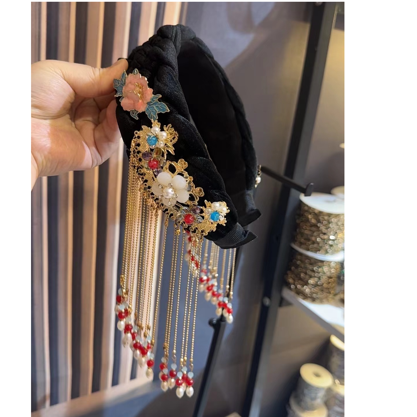 津玲【牡丹】轻奢黑色简约国风手工高档发饰发箍小众时尚宽边发卡