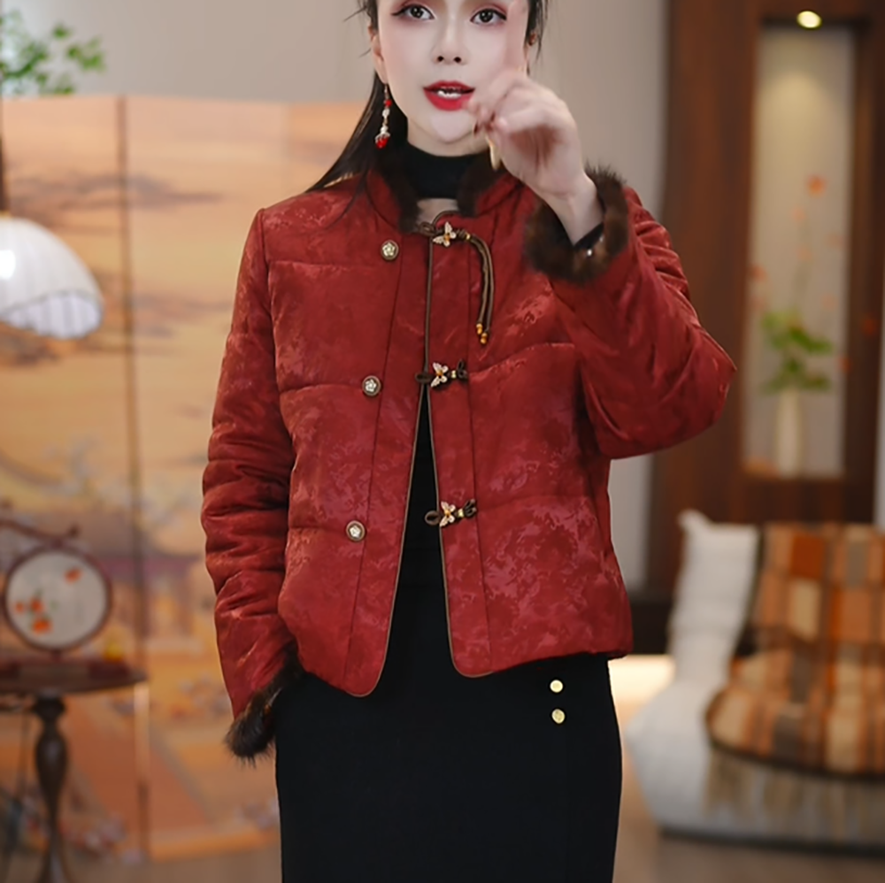 2025冬新款梅子红了国风棉衣气质保暖棉外套小香风复古轻奢