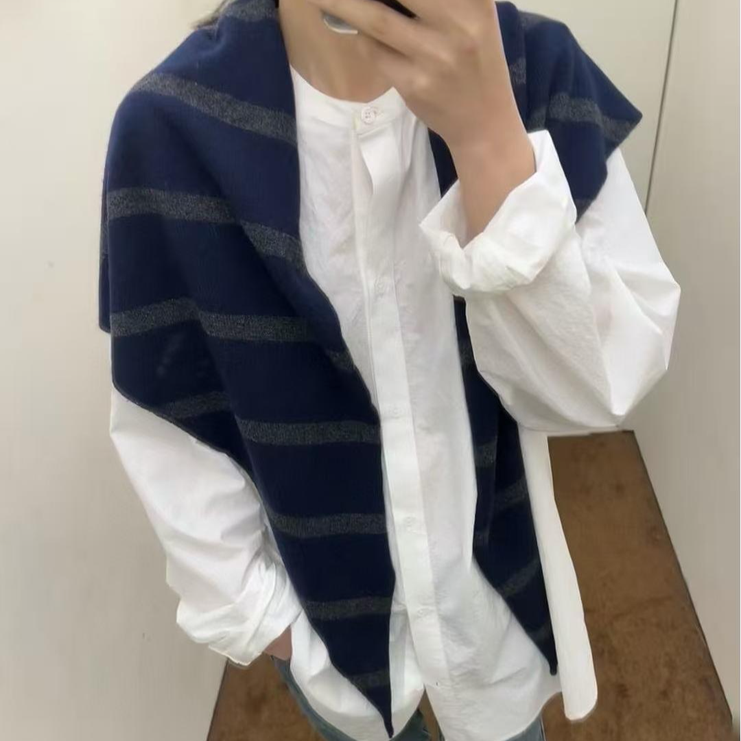 女针织围巾条纹设计师时尚拼接中性秋季百搭蓝色网红休闲撞色