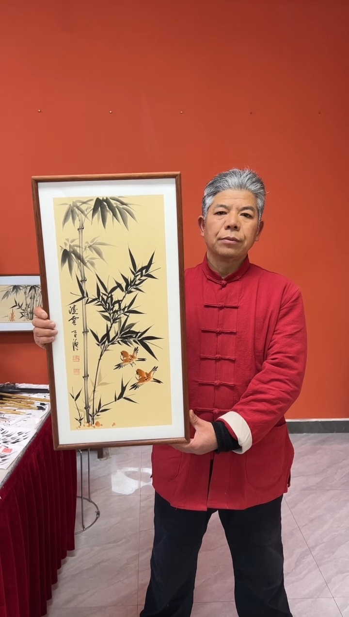 书法张富民手绘作品/凌云//古宣（乌檀木外框）36*69cm左右