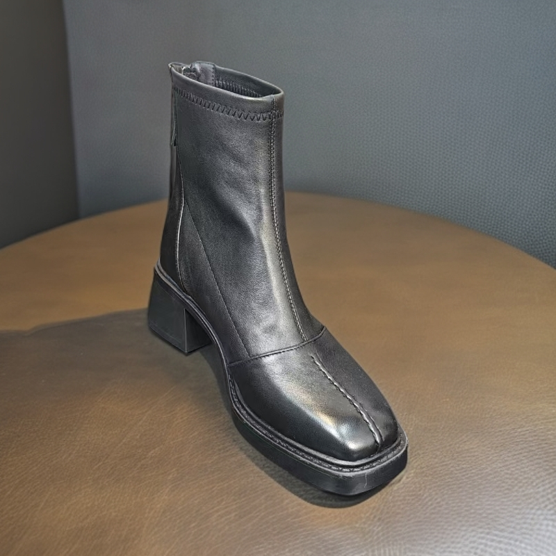 方头秋冬后拉链马丁靴加绒瘦瘦靴女靴弹力秋季606