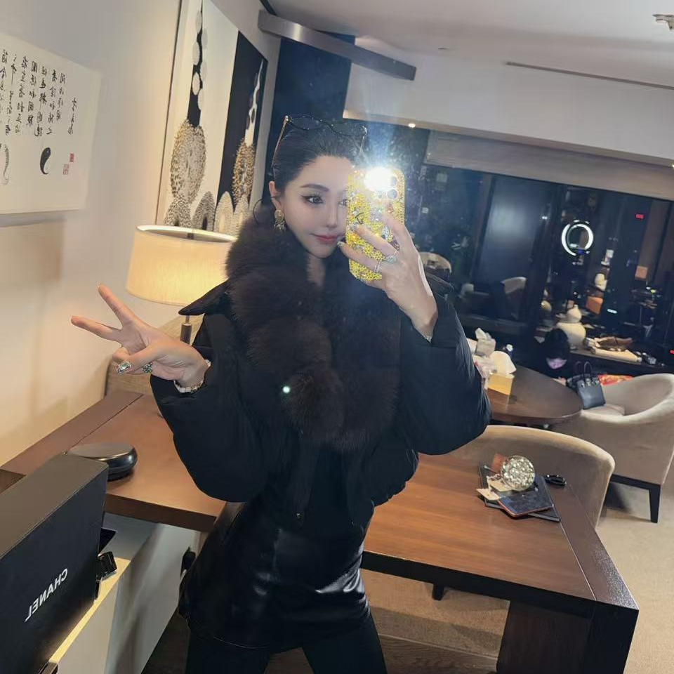 DUOMI【熊熊宝宝】50版-黑咖两色毛毛领子短款翻领羽绒服外套WT1434