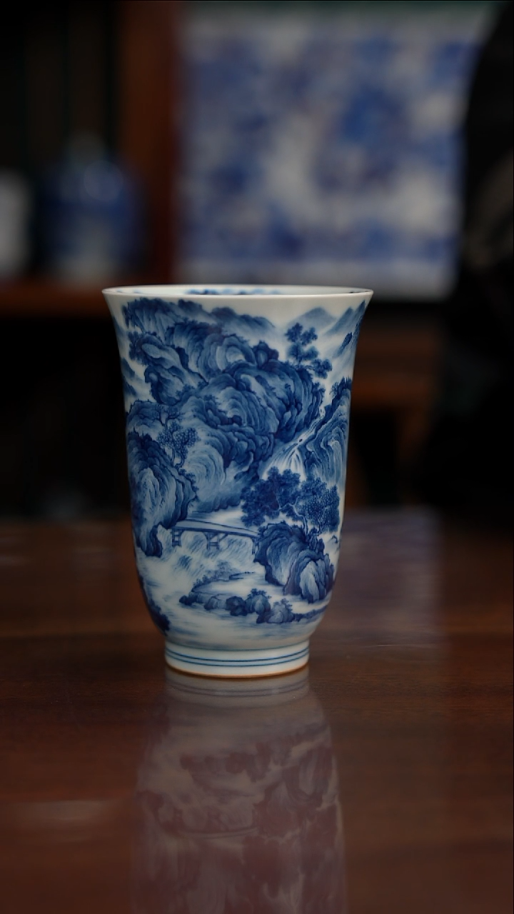 景琳藏青花北派山水春茶杯