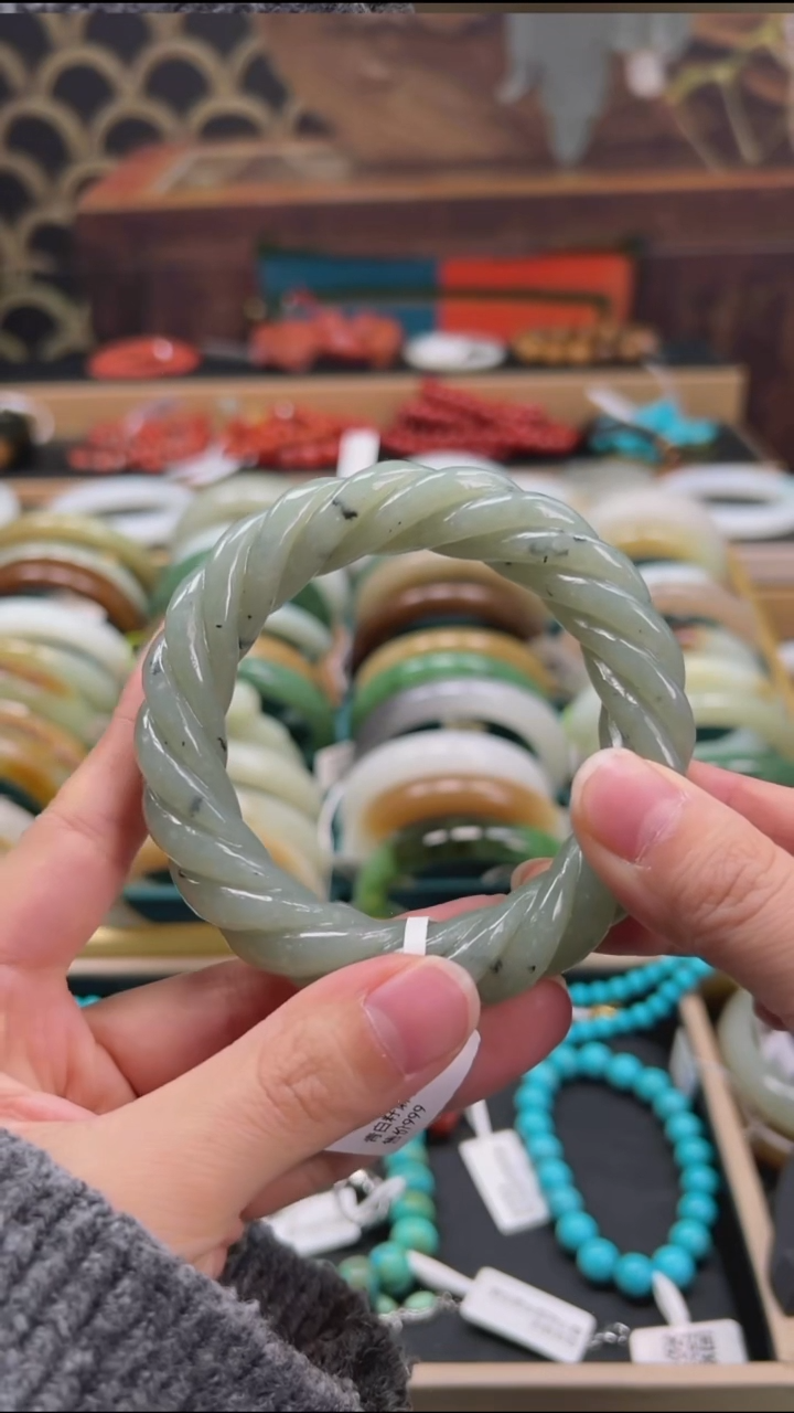 未镶嵌手镯和田玉且末蓝青花麻花镯56+