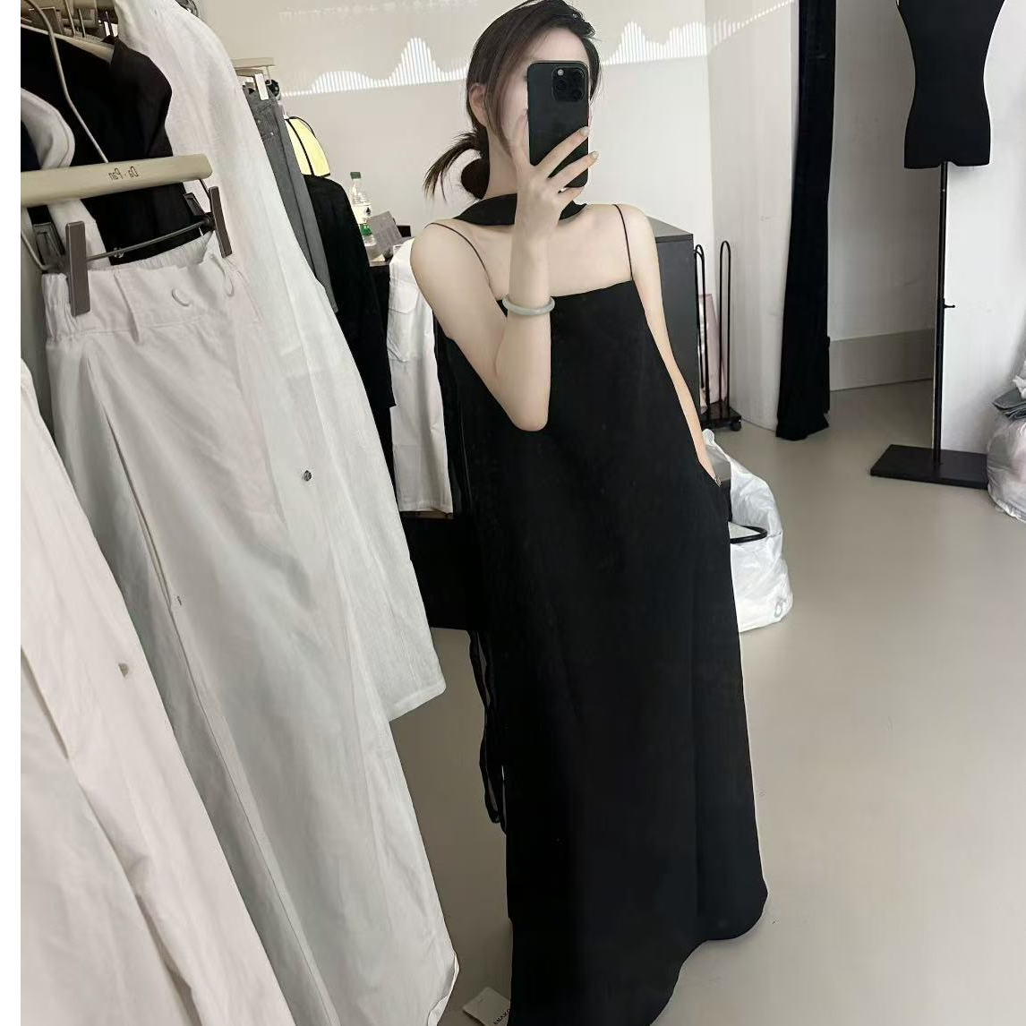 FRVXO 醋酸配飘带抹胸吊带连衣裙夏季法式原宿风简约长裙女