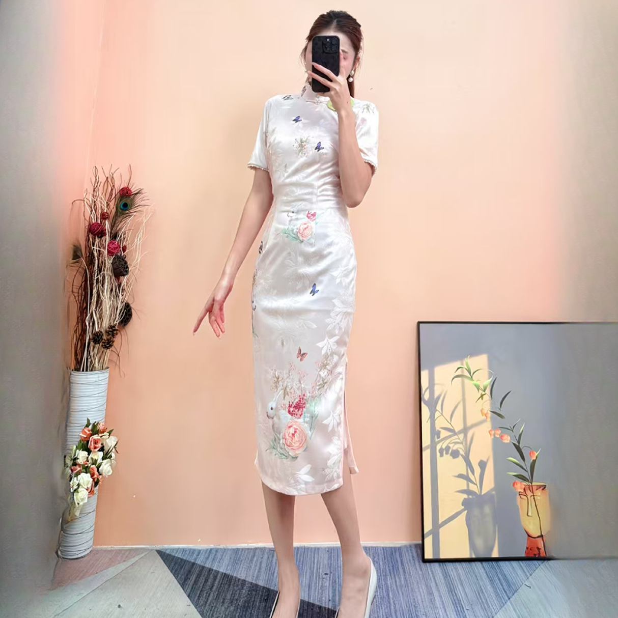 [依易原创]气质高定新中式细闪提花珍珠温柔修身旗袍连衣裙C0214