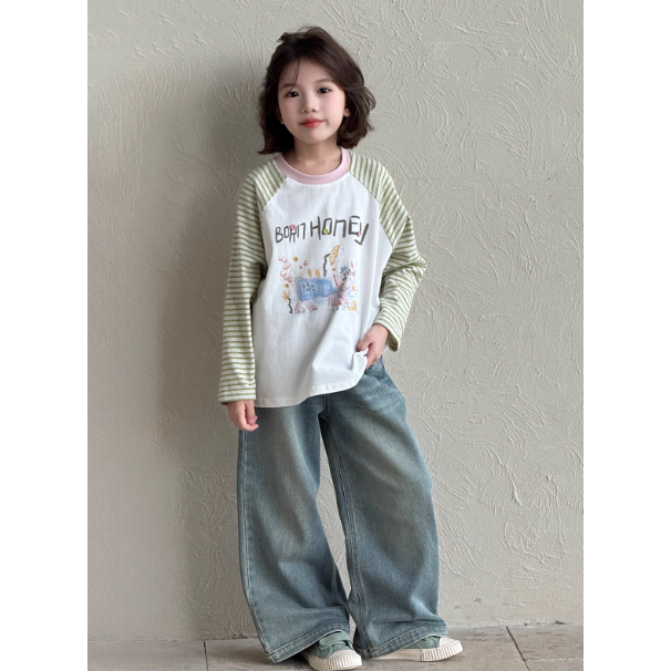 【现货】2025秋东大门涂鸦小猫条纹插肩袖女童打底衫 D708 708 P