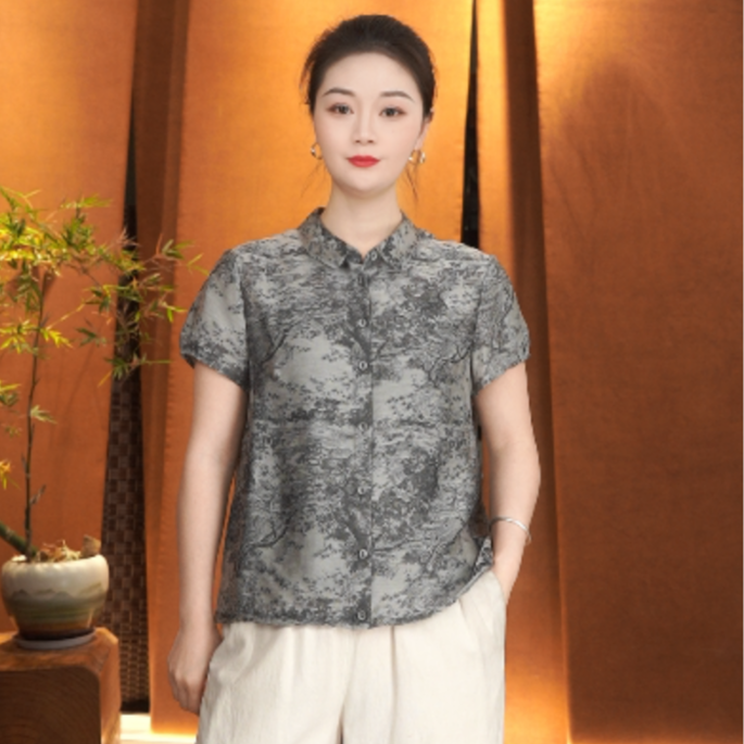 TANGY/天意2025春季新款时尚水墨印花休闲百搭女士衬衫W252003