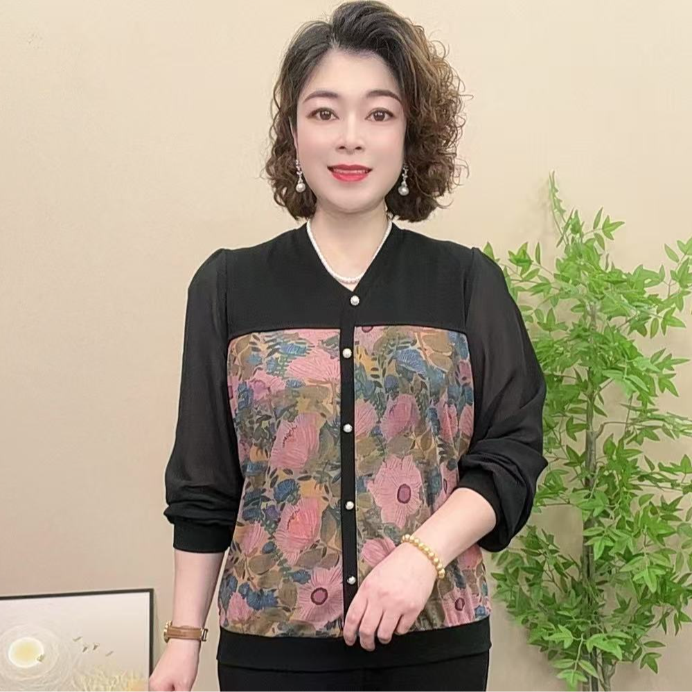 长袖妈妈女装秋季中老年极简风宽松百搭时尚短款弹力气质拼接上衣