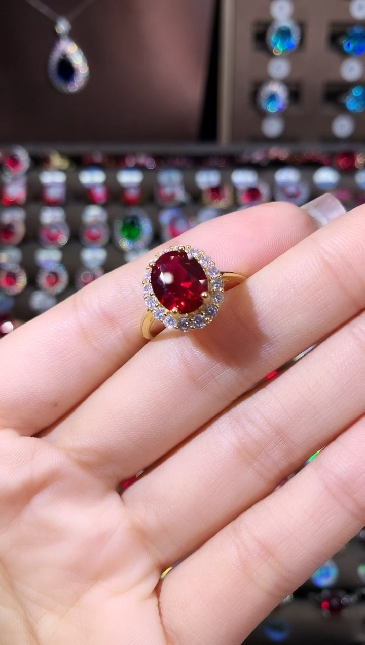 银S925镶嵌戒指红宝石810酒红金色