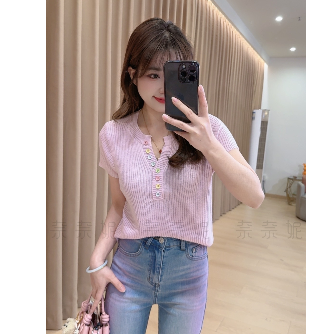 奈奈妮【恋爱信号】T恤短袖修身显瘦时尚百搭洋气设计感搭配9517