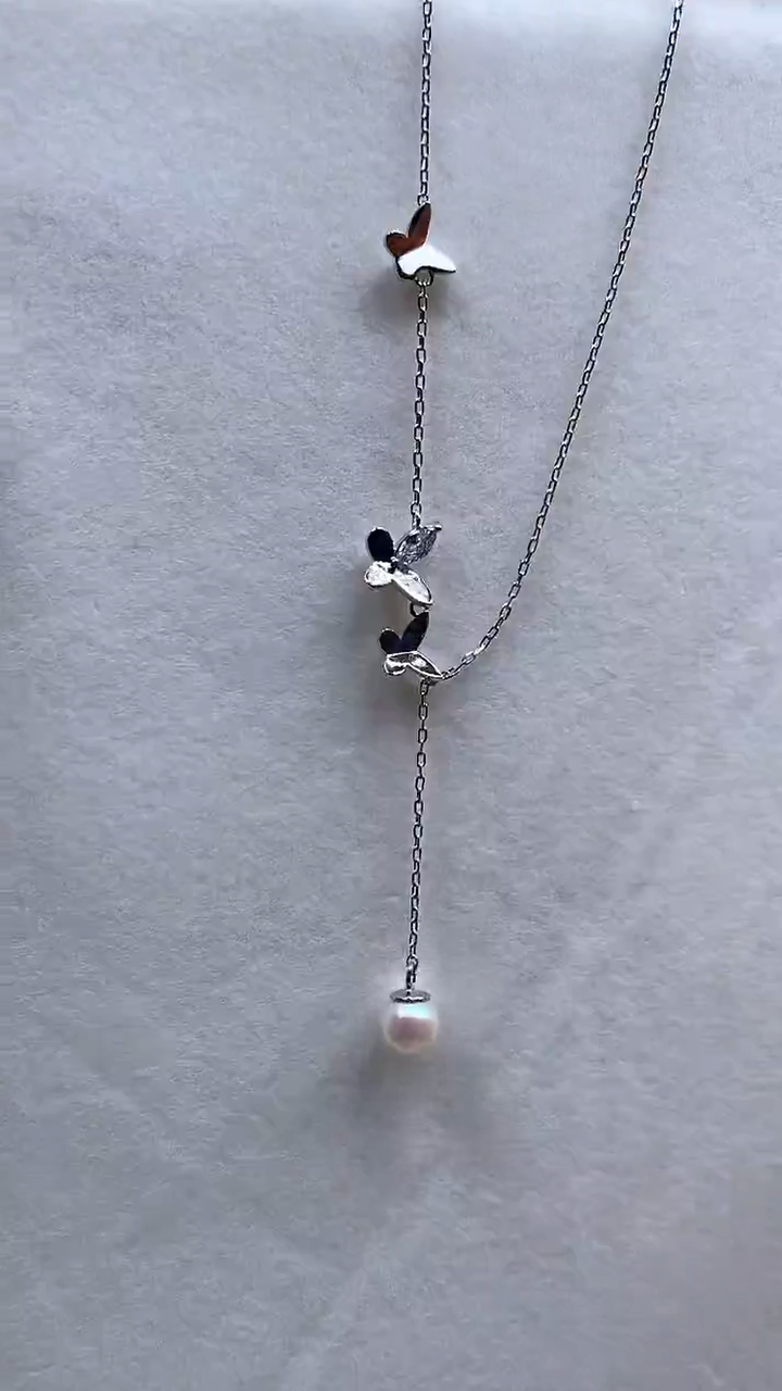【闪购商品】海水珍珠颈饰银S925镶嵌三蝴蝶珍珠套链