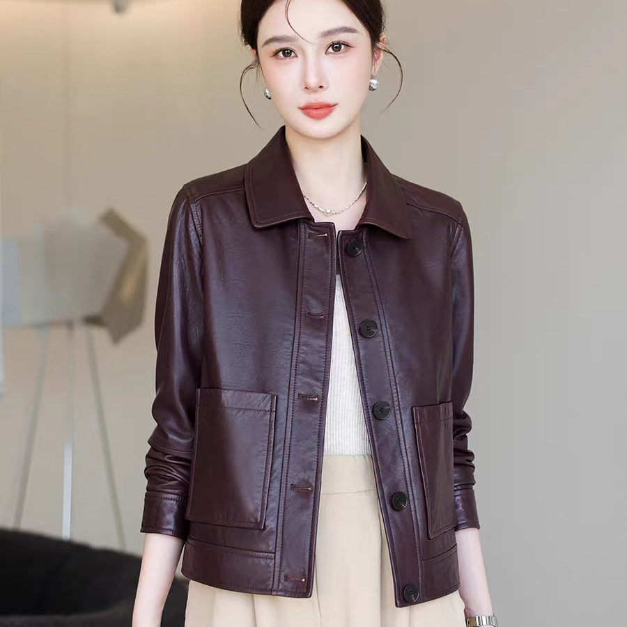 海宁正品短款皮衣女2025春季新品皮夹克翻领小个子短外套