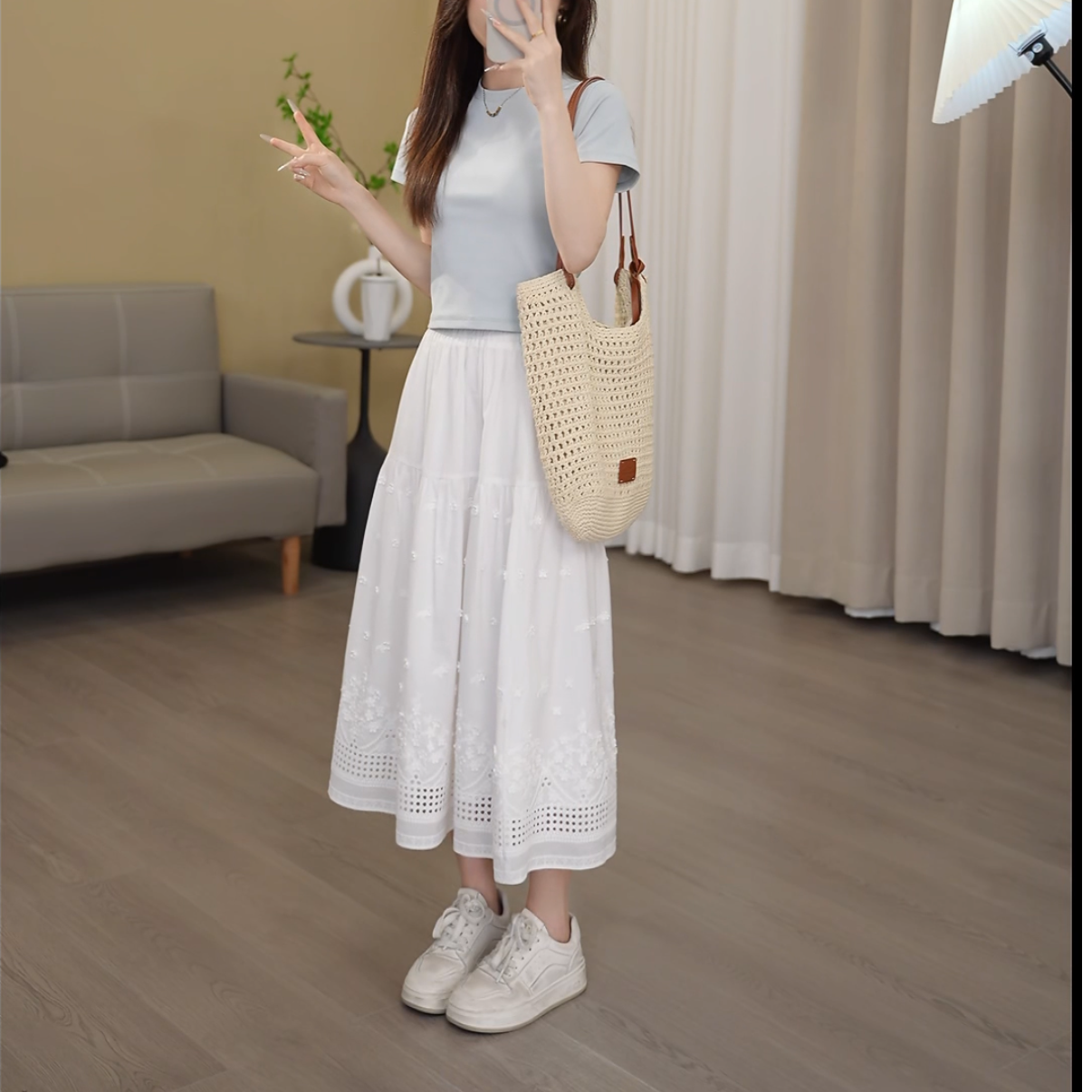 白色蓬蓬蛋糕半身裙女夏季小个子a字裙高腰显瘦垂感休闲中长裙子