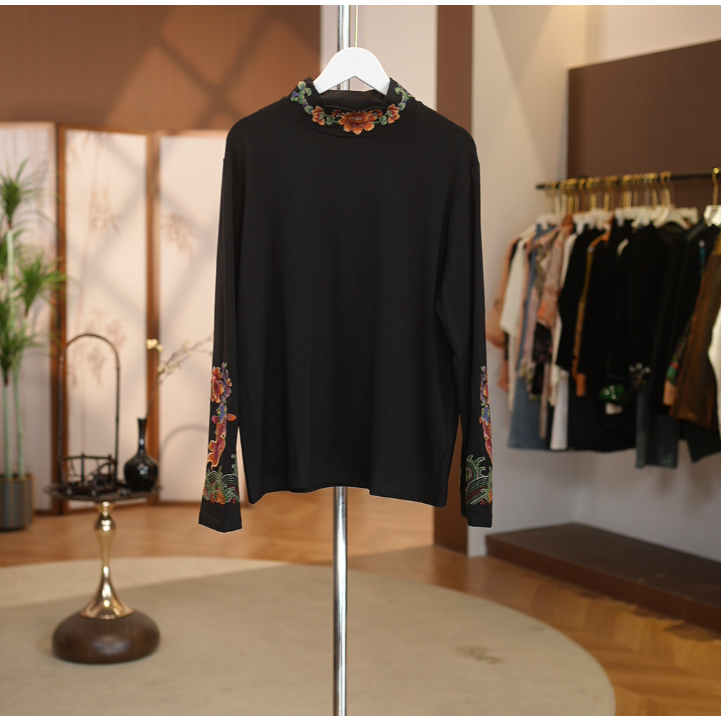 【半高领鱼衔花】宽松型长袖刺绣民族风复古时尚内搭衬衫
