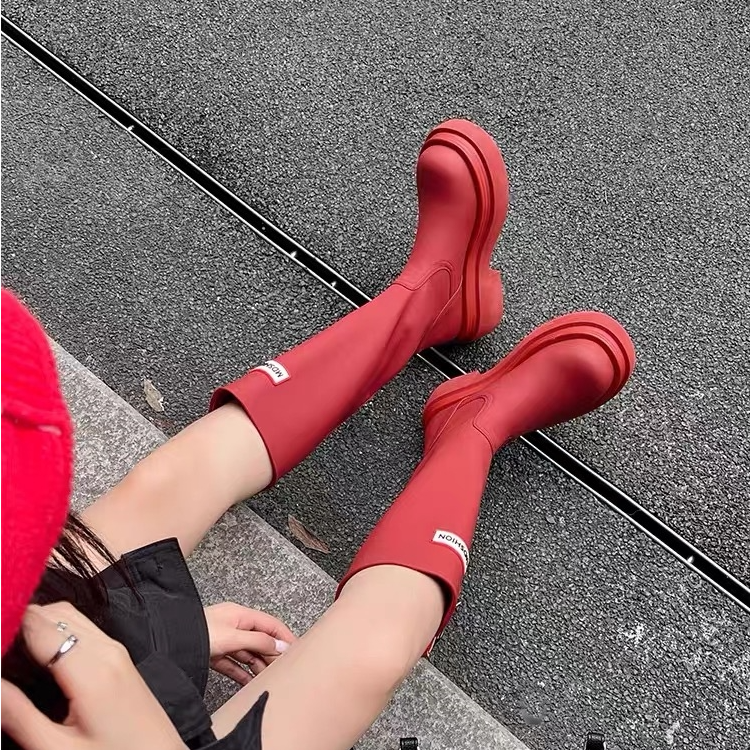 厚底户外靴红色女靴雨靴长筒靴休闲鞋战靴骑士靴户外雨鞋靴子女士