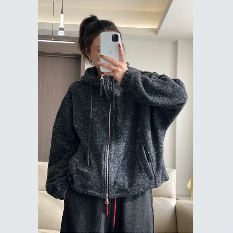 原创高端羊毛质感复合绒连帽设计宽松百搭休闲外套冬0866