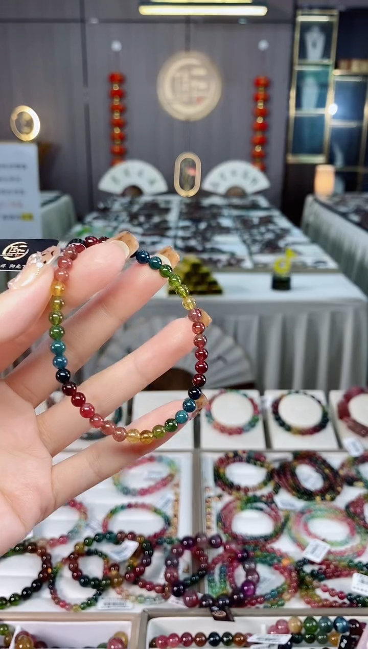 老矿碧玺色标彩虹透体单圈手串4mm+未镶嵌碧玺dan多样性发货一条