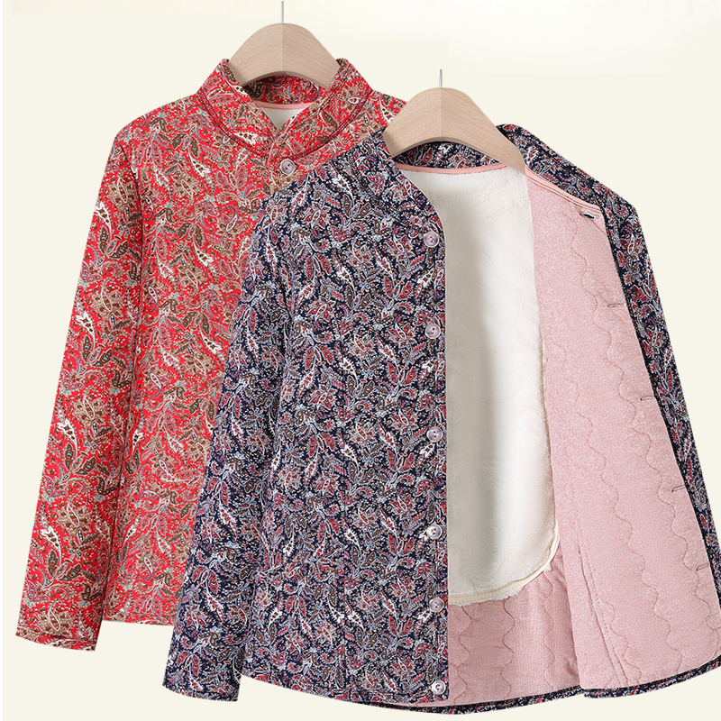 妈妈装秋冬加绒加厚棉衣中老年女装碎花小棉袄长袖保暖棉服