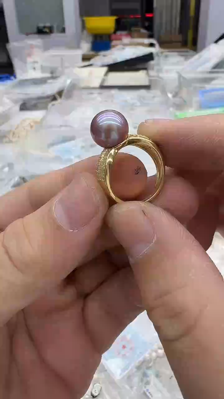 银S925镶嵌戒指淡水珍珠10mm 紫珠金色配件-孤品