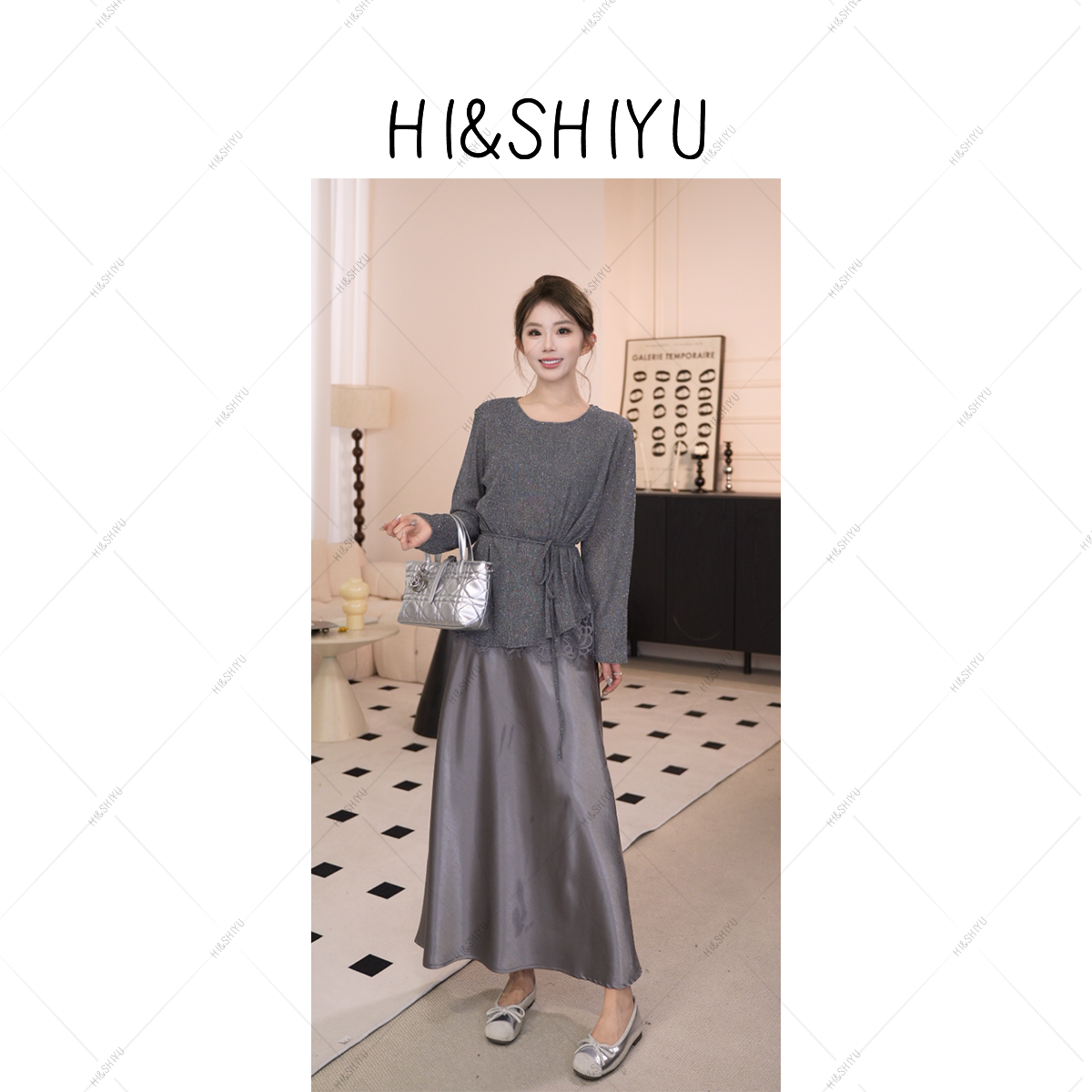 HISHIYU【漫漫星河】2025秋款长袖亮钻蕾丝上衣吊带裙两件套2530671