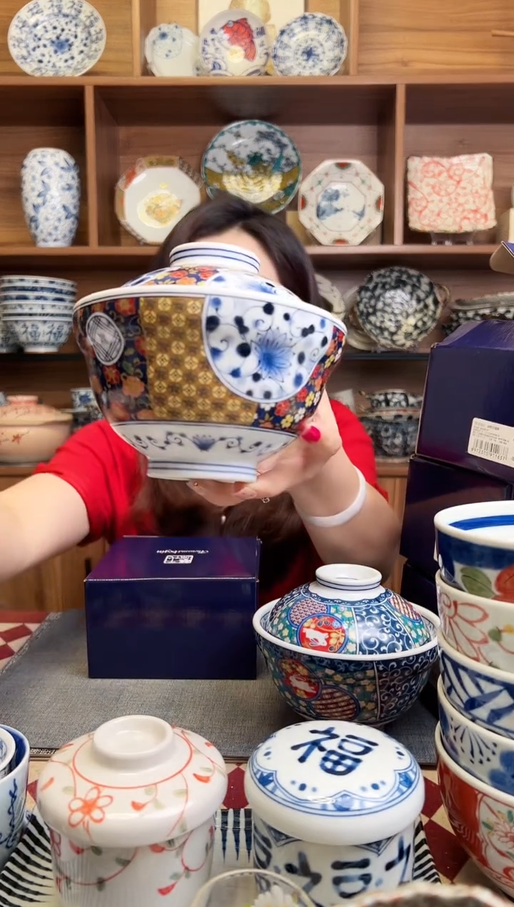 瓷片染锦牡丹 盖碗