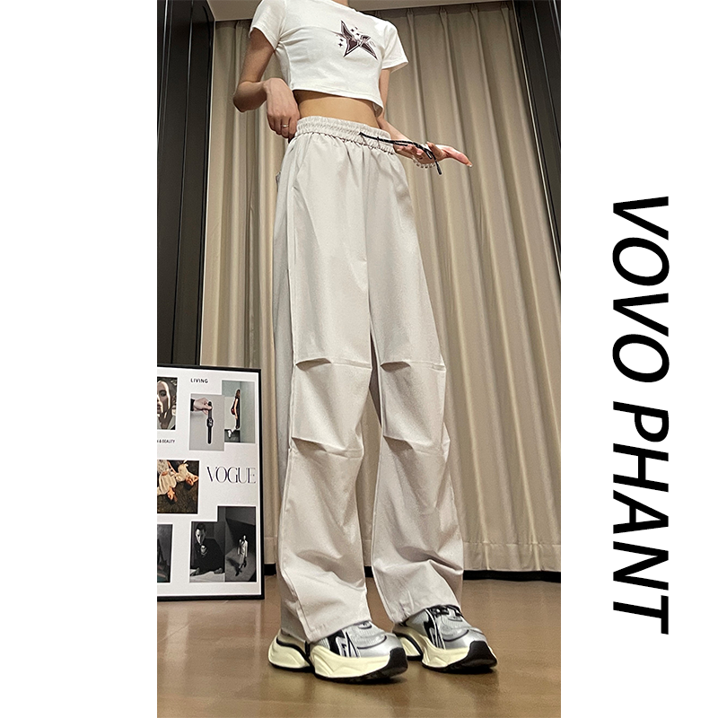 VOVO美式冰丝褶皱伞兵裤子男夏季薄款工装裤宽松直筒垂感休闲长裤
