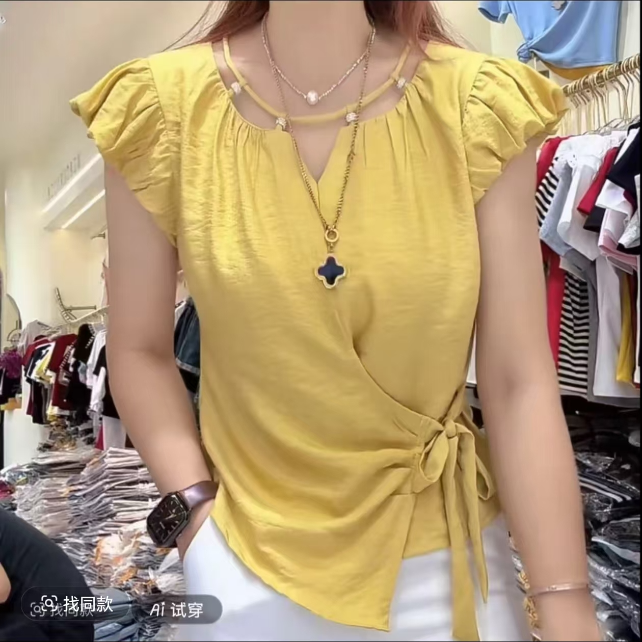 7311#（衣长55）设计感木耳边领不规则绑带收腰短袖衬衫